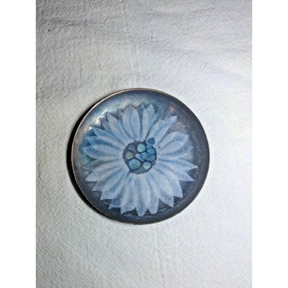 Vintage Blue Enamel Flower Small Trinket Dish Catchall Pin Tray Mid Century 3.75
